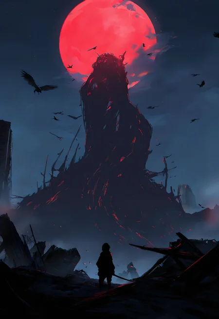 <lora:misaka-gou_s62:1> chromatic aberration, 1girl, solo, adventure clothes, (holding sword:0.6), facing away,
very wide shot, scenery, wreckage,
giant monster, eldritch abomination, red moon, full moon, starry sky, cloudy sky, crow,
ancient ruins, fog,, masterpiece, best quality, newest, very awa, absurdres, highres