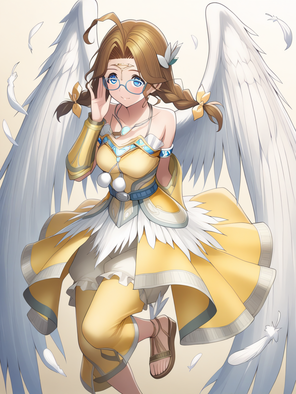 perfect quality,best quality,absolutely eye-catching,ambient occlusion,raytracing BREAK
1girl,<lora:sara IL v1.1:1>,sara,blue eyes,twin braids,ahoge,hair ornament,glasses,angel wings,yellow dress,armband,gauntlets,bare shoulders,feathers,sandals,white puffy short pants,yellow leggings,