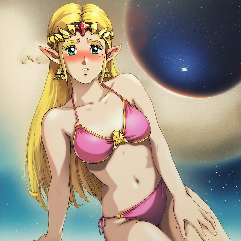 source_hentai, score_9, score_7_up, (R3TR0SC1F1), retro_artstyle, science_fiction, BREAK, Princess Zelda, long hair, (blonde hair), green eyes, perfect eyes, eyelashes, blonde eyebrows, blush, looking at viewer, rating_explicit, 1girl, solo, mole under eye, mole on thigh, earrings, navel, swimsuit, hoop, earrings, bikini, detailed background, space, earth_(planet)