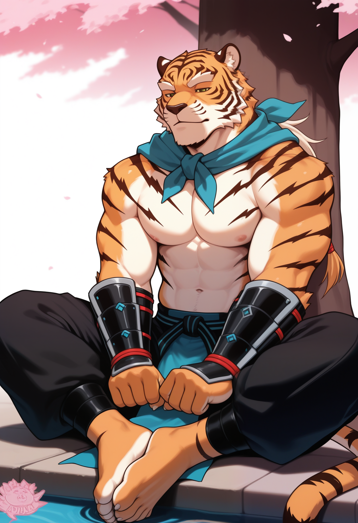 masterpiece,best quality,amazing quality, 1boy, solo, p4ng, vambraces, orange tail, black pants, tiger boy, black strap, blue scarf, blue_loincloth,  outside, cherry_blossom_tree, lotus_pose, eyes closed, sitting,