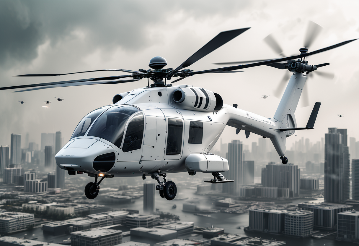 (medium full shot) of (advanced small white helicopter) with stealth-coating body, hybrid propulsion, modular sections, rotor blade designs, set in  patrolling the skies over a city in turmoil, the helicopter scanning for enemy activity, ,Masterpiece,best quality, raw photo, realistic, very aesthetic