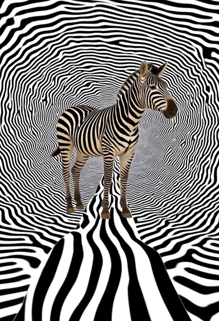 A captivating optical illusion of a zebra standing against a mesmerizing backdrop of alternating black and white horizontal stripes. The zebra's pose, with its curved body and head tilted towards the top-right corner, creates an illusory sense of motion amidst the static pattern. The stripes rise from the bottom, giving the impression of an infinite upward journey, merging art and perception in a visually striking manner.