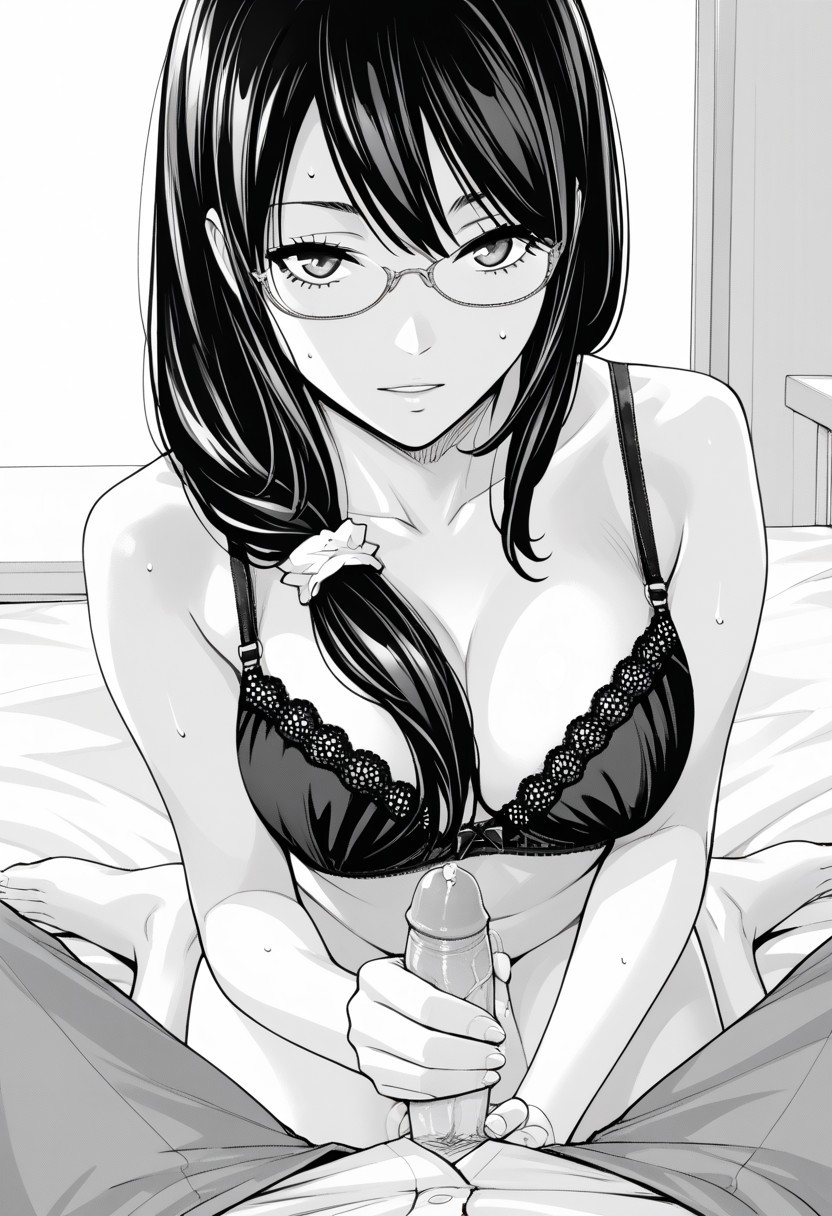 score_9, score_8_up, score_7_up, source_anime,(extremely detailed CG), (best quality),monochrome, greyscale,
1girl, glasses,slender body,large breasts, bra,pantie,underwear, Black hair,long hair,legs,1boy,penis,precum,handjob,