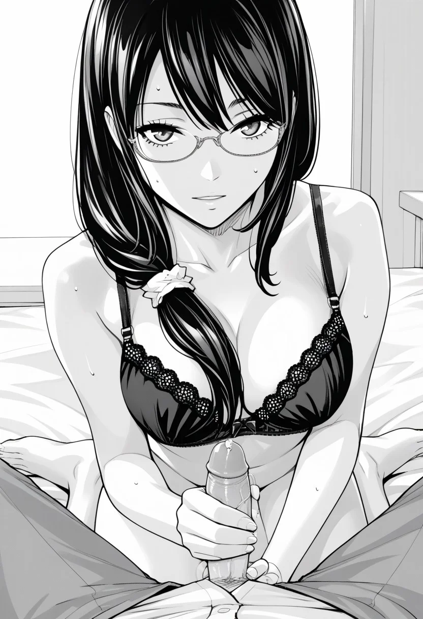 score_9, score_8_up, score_7_up, source_anime,(extremely detailed CG), (best quality),monochrome, greyscale,
1girl, glasses,slender body,large breasts, bra,pantie,underwear, Black hair,long hair,legs,1boy,penis,precum,handjob,
