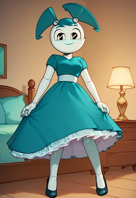 (Masterpiece, best quality:1.2), score_9, score_8_up, flat color, flat shading, soft shading, lighting, Jenny Wakeman as an adult, in a 1950's full length formal blue skirt, a white belt, button down v-neck formal black top, a fluffy frilly ruffled full white petticoat, and black high heels, dress, layered petticoat, frilly petticoat, fluffy petticoat, full petticoat, detailed petticoat ((wide skirt, detailed outfit, flowing skirt, long skirt, solid blue colored skirt, black high heels)), blue hair, series accurate, cute, best high quality, high res, robot, humanoid robot, medium breasts, whole body shot, 1girl, ((solo, inside, in a romantic bedroom, sitting on the bed, sitting, bent knees, looking at you, low angle)), cute, seductive, seductive smile, half lidded eyes, low angle shot, cartoon, cartoon style, vector, solo, circle dress, 1950s, whisperfoot_style, dance dress jenny, jenny wakeman, 1girl, solo, robot joints, black eyes, white skin, ponytail, hair bow, blue rose chest corsage, poofy dress, blue hair, flat lighting