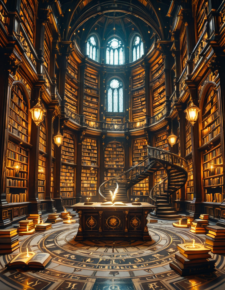 grand enchanted library filled with towering wooden bookshelves that stretch endlessly into the distance, packed with ancient, leather-bound books glowing with mystical runes. The atmosphere is illuminated by floating candles and ethereal blue and golden lights that hover in the air, casting a warm, magical glow. A spiral staircase made of dark oak winds upward, disappearing into the shadows of the high-vaulted ceiling adorned with intricate celestial carvings. Wisps of enchanted mist swirl around the floor, while some books levitate gently from shelf to shelf, as if guided by an unseen force. The air shimmers with dust particles suspended in soft, golden light filtering through stained glass windows, depicting mythical creatures and arcane symbols. The scene is rich in deep, warm tones of mahogany, gold, and sapphire, evoking a sense of wonder, mystery, and timeless knowledge. The image is highly detailed and photorealistic, capturing the textures of the aged books, the glow of magical elements, and the enchanting stillness of this mystical sanctuary of wisdom.
<lora:SDXLFaeTastic2400:0.4> <lora:extremely_detailed:0.4> extremely detailed,<lora:3nch4nt3d_l1br4ry-ill:1>,3nch4nt3d l1br4ry, Masterpiece,best quality,hi res,8k,hi res,8k,award winning,(sharp focus, intricate, highly detailed),