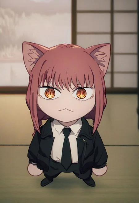 score_9, score_8_up, score_8; necoarc; 1girl, mak1ma0, red hair, long hair, ringed eyes; blackjacket, white collared shirt, black necktie, black pants; looking at viewer; fullbody; slit pupils, cat ears, chibi, :3; japanese house; indoors;