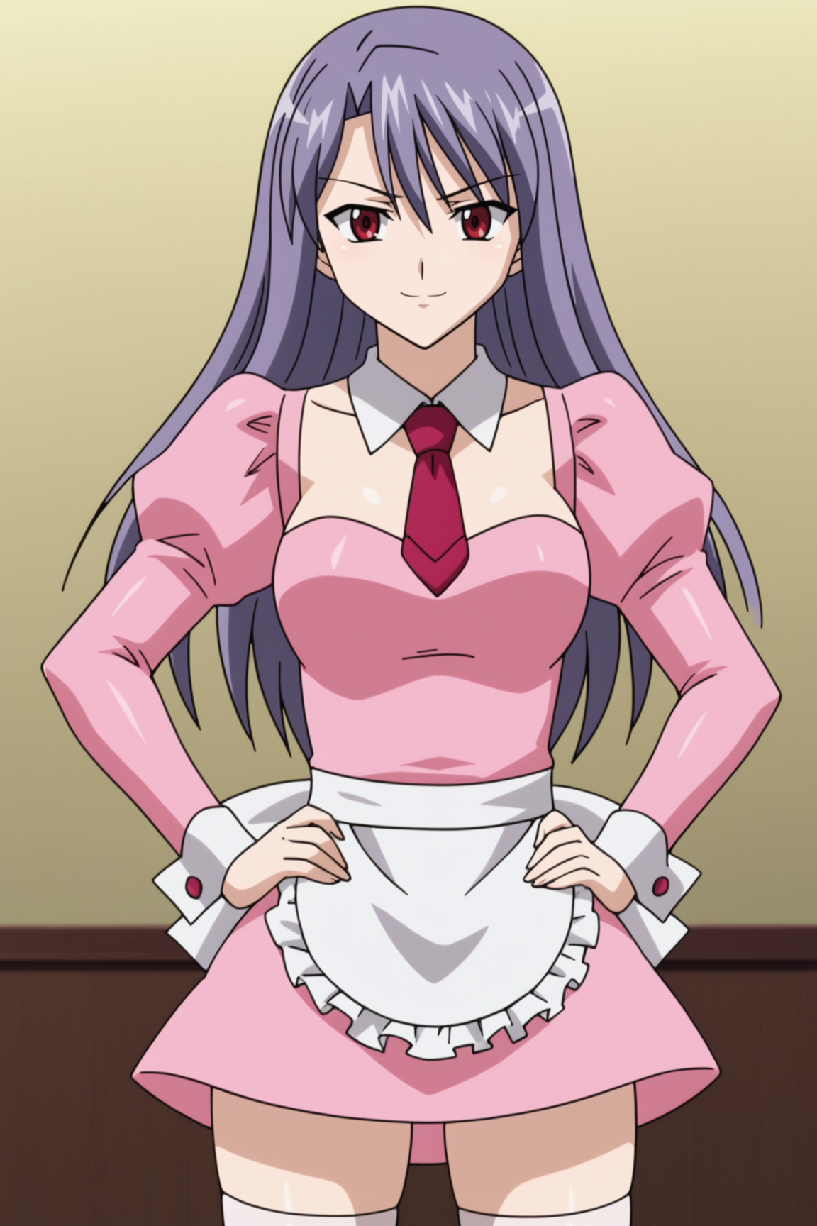 score_9, score_8_up, score_7_up, source anime, prefect lighting, very aesthetic, BREAK, anime coloring, anime screencap,
<lora:shiratori_miyu_v2-pdv6:1>, 1girl, shiratori miyu, aika zero, red eyes, purple hair, long hair,
maidmiyu, maid, apron, pink dress, frills, necktie, detached sleeves, long sleeves, puffy sleeves, white thighhighs,
BREAK, looking at viewer, 
BREAK, smirk, hands on hips