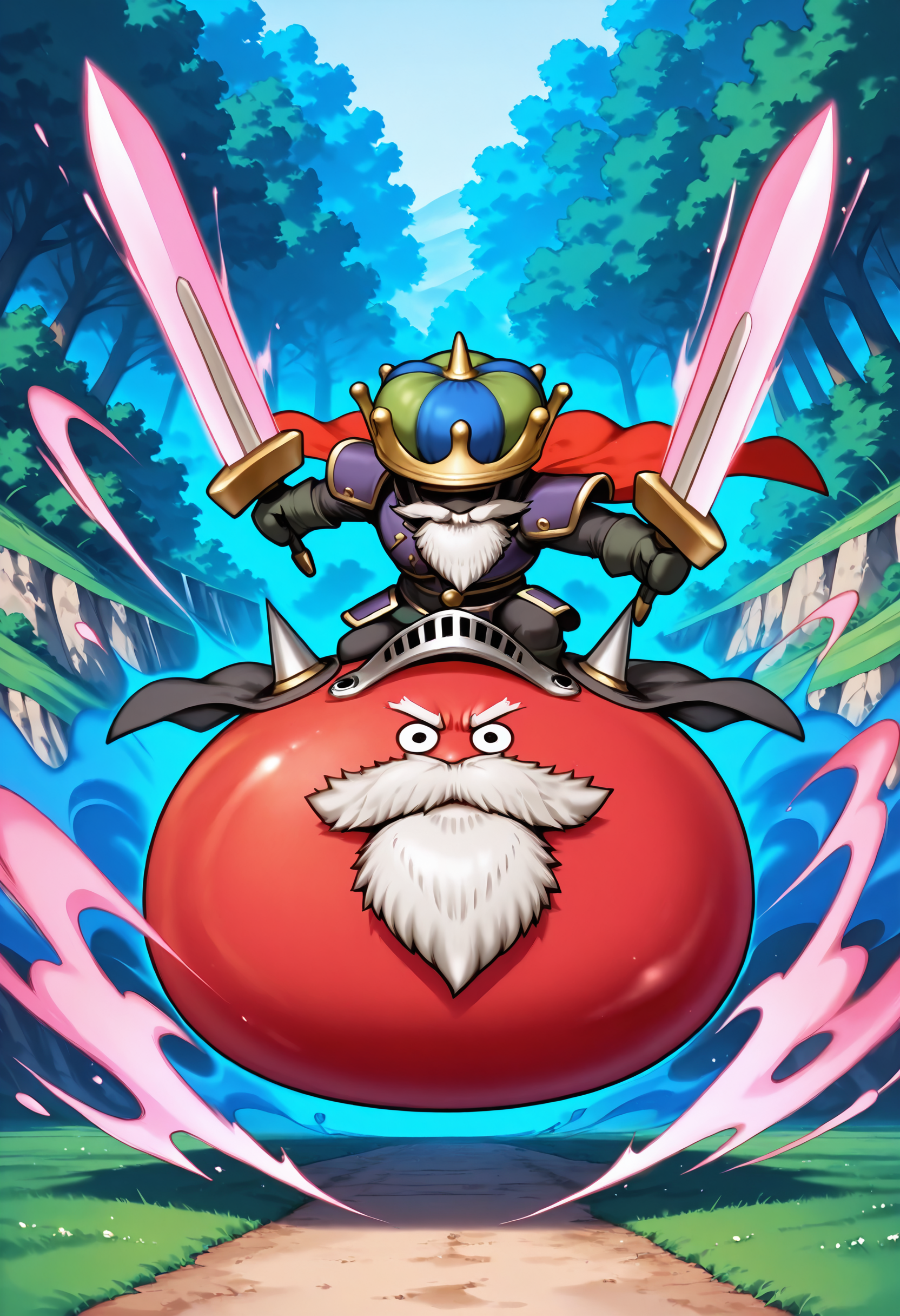 best quality,masterpiece,super detailed,extreme detailed,full_body,nature,field,
BREAK shogum,slime \(creature\),armor,beard,cape,crown,dual wielding,holding sword,no humans,riding,red_skin,<lora:shogum-IL:1>,fighting stance,charging forward,incoming attack,jumping,aura,energy sword,v-shaped eyebrows,