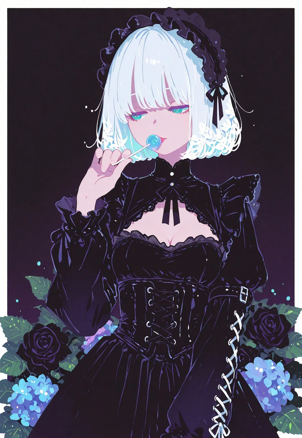 masterpiece, best quality, good quality, newest, highres, absurdres,
pastel cyan eyes, white hair, bob cut,
victorian black maid dress, frilled skirt, half closed eyes, dazed, emotionless, small breasts, cleavage,
1girl, solo, upper body, roses, hand up, licking lollipop, looking to the side, leaf, red roses, black roses, gradient red background with thick white border,
hydrangea, laced sleeves, Ethereal Brushstroke, Flat vector illustration, rakugakingu,
