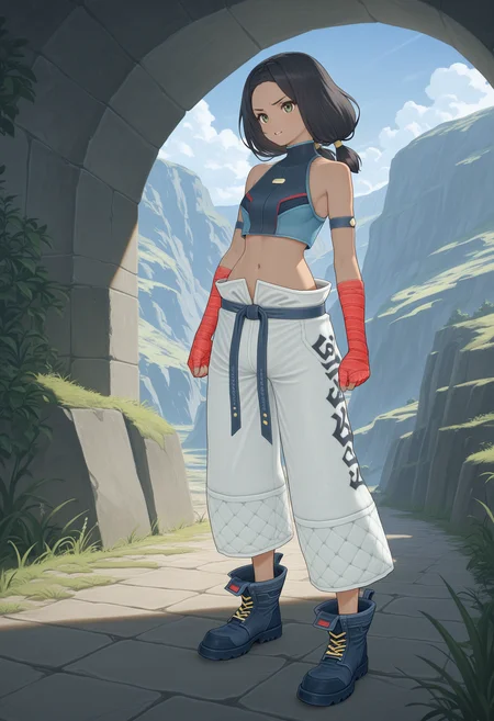 masterpiece, best quality, good quality, xenoblade, 1girl, solo, ghondor, print pants, flared shoes, belt, bandaged arm, crop top, low twintails, scenery <lora:ghondor illustrious 002:1>