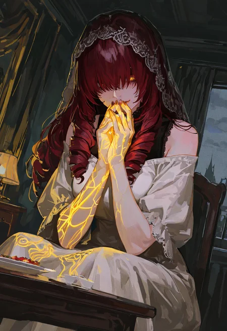 (masterpiece, best quality, absurdres, highres), amazing quality, very aesthetic, volumetric lighting, digital art style, drawn aesthetic, concept painting, ultrahigh definition, 1girl, soft skin, ((rosacea)), red flushing, light skin, veiny, (golden glowing lines under skin), anatomical patterns, large ringlets, hair over eyes, dark red hair, (long dark lashes), mature woman, light smile, (downturned eyes), sadistic, lace brocade, long nails, veil, black undershirt, white dress, off shoulder gown, thick short sleeves, noble, soft curves, slight wrinkles, dramatic angle, sitting cross-legged, indoors, mansion, dining room, dinner table, foggy sky, curtains, muted color scheme, v_over_mouth, mysterious, lily, frightening, intimidating, large lips, round arms, painterly