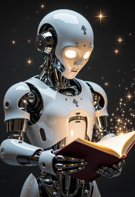 a sparkling a robot reading a book