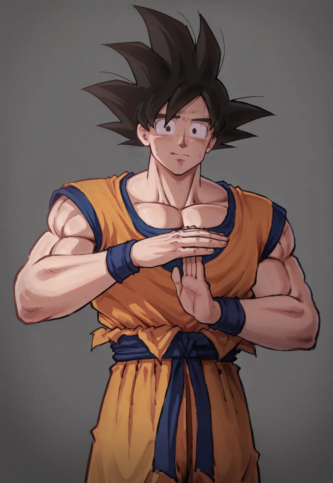 shaqtimeout, 1boy, son goku, closed mouth, frown, looking at viewer, sweatdrop, cowboy shot, hands up, grey background, simple background,