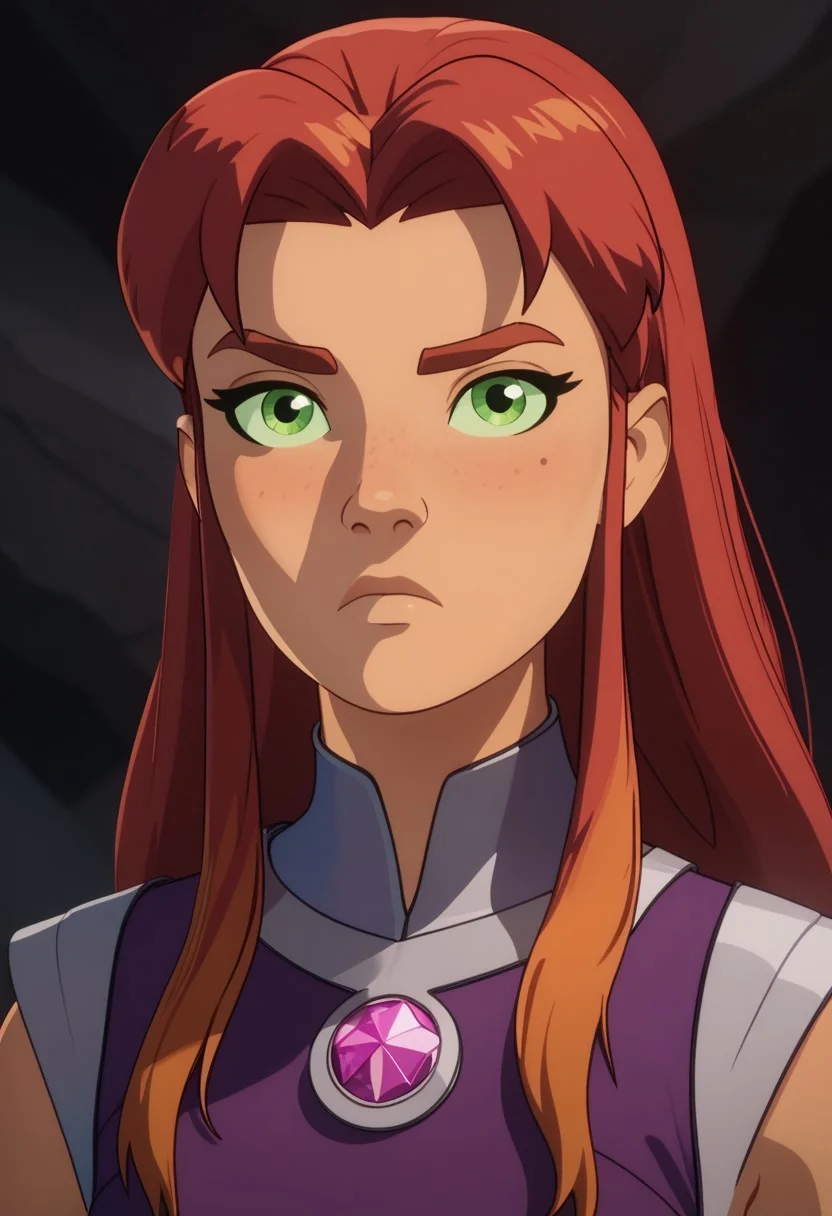 Score_9, Score_8, Score_7, TDPStyle, starfire from DC, Bust Shot, Looking at Viewer, Bored, Cave Background