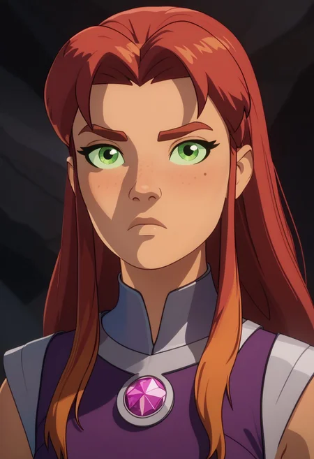 Score_9, Score_8, Score_7, TDPStyle, starfire from DC, Bust Shot, Looking at Viewer, Bored, Cave Background