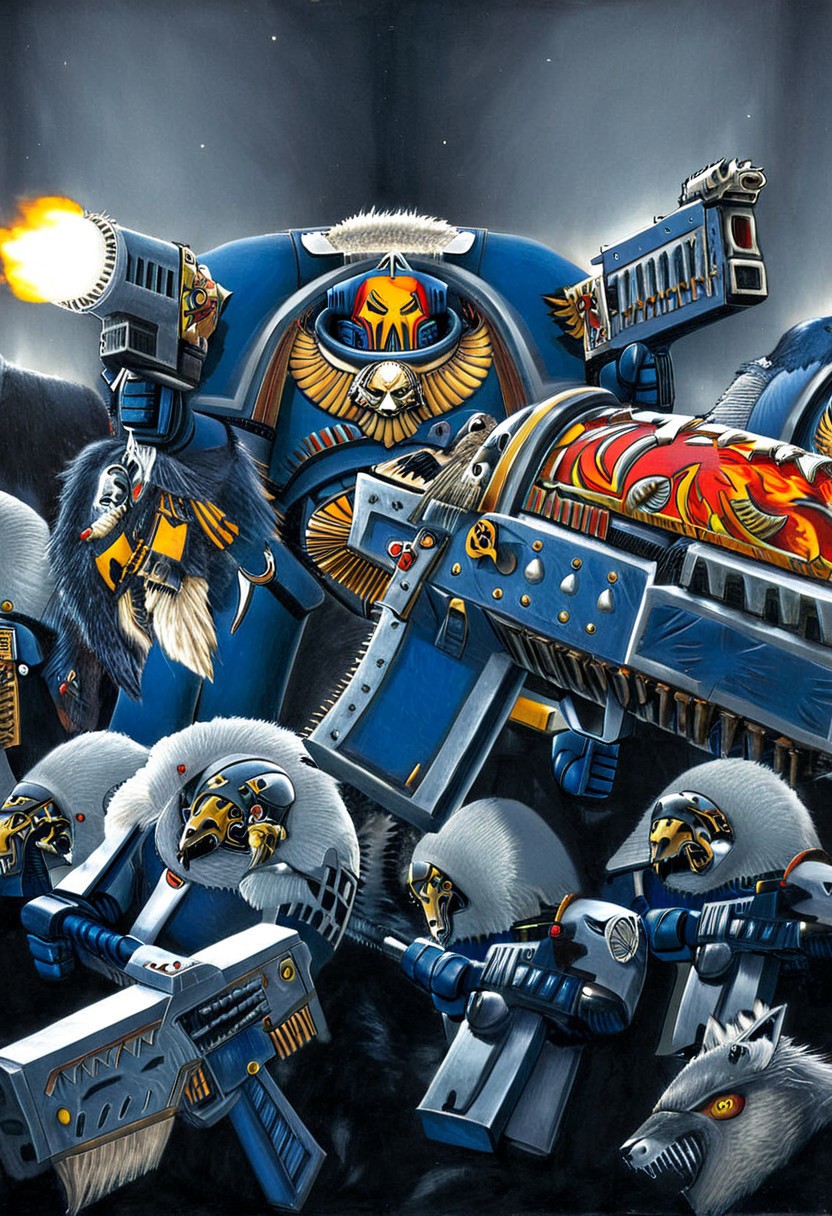 Absurdres, score_9_up, Source: Warhammer40K, Spacewolves Astartes chapter space marines wielding bolter guns, gray power armor with fur trim and astartes helmets, wolf motifs, (masterpiece), best quality, expressive eyes, perfect face, 1, space marine, Painstaking Attention To Details, 1990s \(style\), Vintage, Vintage comic book cover of White Dwarf Tabletop Adventures, project unreal engine, volumetric lighting, perfect anatomy, perfect hands, detailed_eye_model, black background, graffiti, blgstyle, ImperialF40k, <lora:PeopleCountSliderLoRAv1:2.0>, <lora:756af36b-d5fa-496f-b9a1-088c62f0c527:0.7>, <lora:6f3a2b85-aa03-4ab1-9f9a-e816ad4b1121:0.7>, <lora:cf26021c-0e88-4b06-9329-8702e6590716:0.7>, <lora:_raging_flames:0.7>, <lora:warhammerAdeptus_v1:0.7>, <lora:e6084b5e-a05d-475d-8afe-925ae03a434b:2.0>, <lora:b8dcc527-1d03-4fe2-ab9e-341ce407290f:0.7>, , , ,