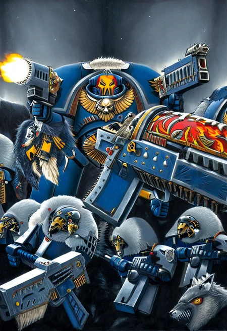 Absurdres, score_9_up, Source: Warhammer40K, Spacewolves Astartes chapter space marines wielding bolter guns, gray power armor with fur trim and astartes helmets, wolf motifs, (masterpiece), best quality, expressive eyes, perfect face, 1, space marine, Painstaking Attention To Details, 1990s \(style\), Vintage, Vintage comic book cover of White Dwarf Tabletop Adventures, project unreal engine, volumetric lighting, perfect anatomy, perfect hands, detailed_eye_model, black background, graffiti, blgstyle, ImperialF40k, <lora:PeopleCountSliderLoRAv1:2.0>, <lora:756af36b-d5fa-496f-b9a1-088c62f0c527:0.7>, <lora:6f3a2b85-aa03-4ab1-9f9a-e816ad4b1121:0.7>, <lora:cf26021c-0e88-4b06-9329-8702e6590716:0.7>, <lora:_raging_flames:0.7>, <lora:warhammerAdeptus_v1:0.7>, <lora:e6084b5e-a05d-475d-8afe-925ae03a434b:2.0>, <lora:b8dcc527-1d03-4fe2-ab9e-341ce407290f:0.7>, , , ,