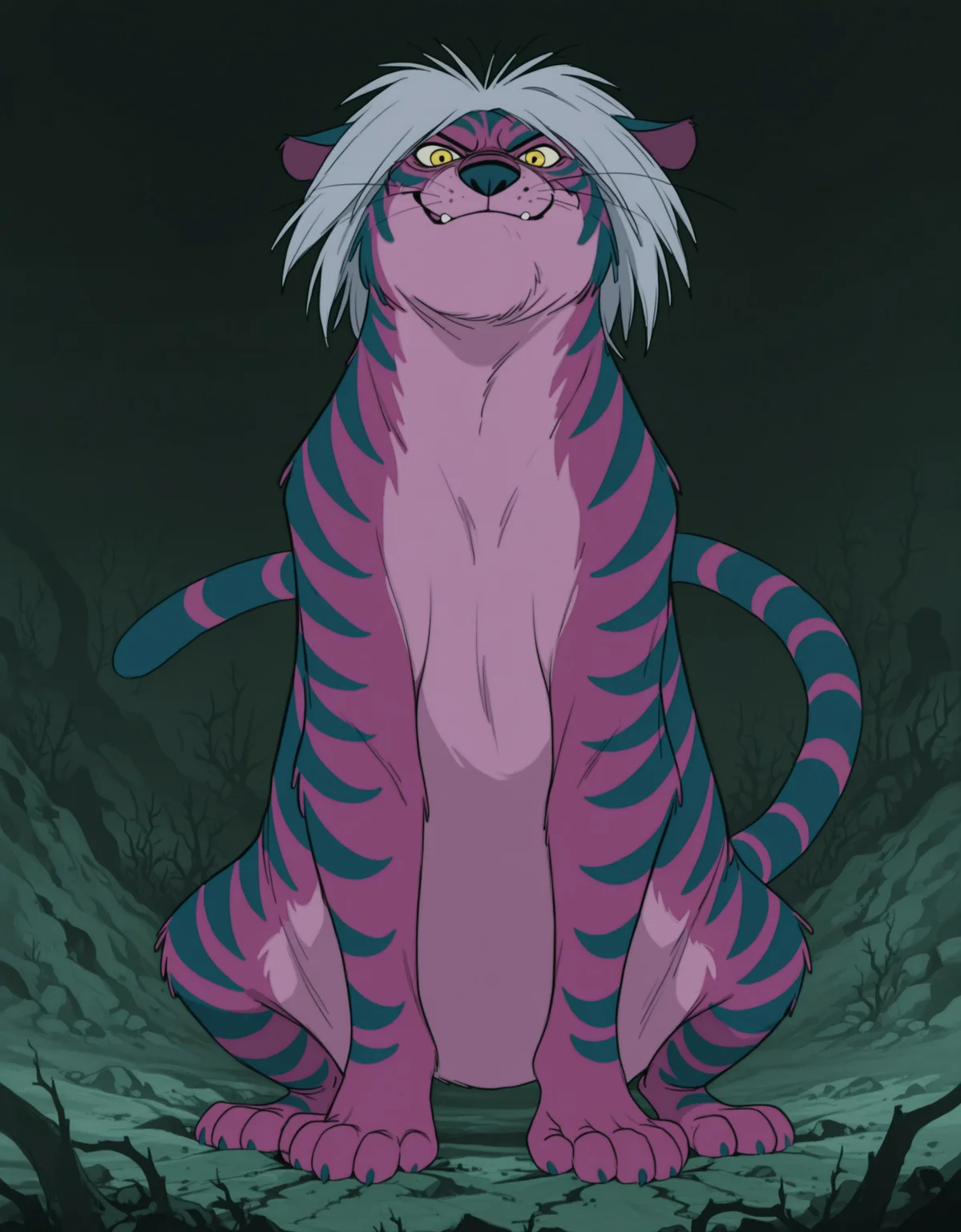 smooth quality, masterpiece, very intricate, high quality details, ultra realistic, high detailed skin, detailed environment, absurdres, solo, simple background, black background, color drain, erostigermadammim, tiger, purple fur, striped fur, yellow eyes, grey hair, whiskers, tail, (frontal view, looking at viewer)