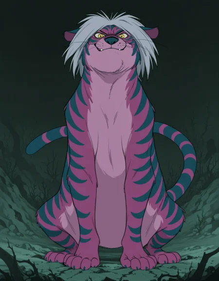 smooth quality, masterpiece, very intricate, high quality details, ultra realistic, high detailed skin, detailed environment, absurdres, solo, simple background, black background, color drain, erostigermadammim, tiger, purple fur, striped fur, yellow eyes, grey hair, whiskers, tail, (frontal view, looking at viewer)