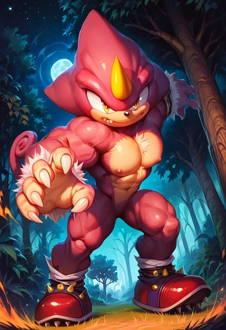 score_9, score_8_up, score_7_up, male, source_furry, male, solo, Espio the Chameleon, single horn, ninja outfit,, fangs, claws, fur, big eyes, big hands, red sneakers, spikes on shoes, muscular:1.3, hands, no pants, (((dutch angle, sexy tease, sexy pose, stylish pose, action pose, clawing at a tree, from below)))
BREAK
forest, tress, outside, night, moon, stars, ambient light