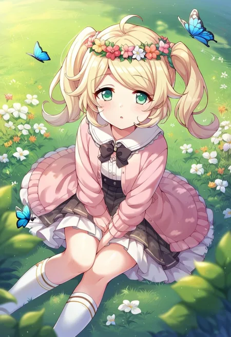 score_9, score_8_up, score_7_up, score_6_up, score_5_up, score_4_up,yusa kozue, blonde hair, green eyes, twintails, 1girl, solo, flower, head wreath, ahoge, butterfly, bug, field, hair ornament, looking at viewer, socks, skirt, outdoors