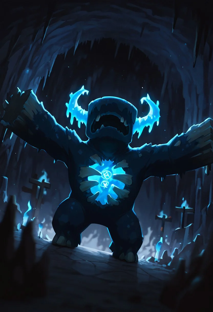 masterpiece, best quality, amazing quality, very aesthetic, absurdres, newest, detailed background, foreground blur
warden, glowing horns, standing, solo, monster, open mouth, creature, teeth, no eyes, pokemon (creature), ribs, colored skin, ((wide head, big head,)),, no teeth, no humans, big arms,  no hands, no wrists, wide body
dark cave, torch flames, brck walls, cave crystals, pentagram on wall, crucifixion, dynamic angle,