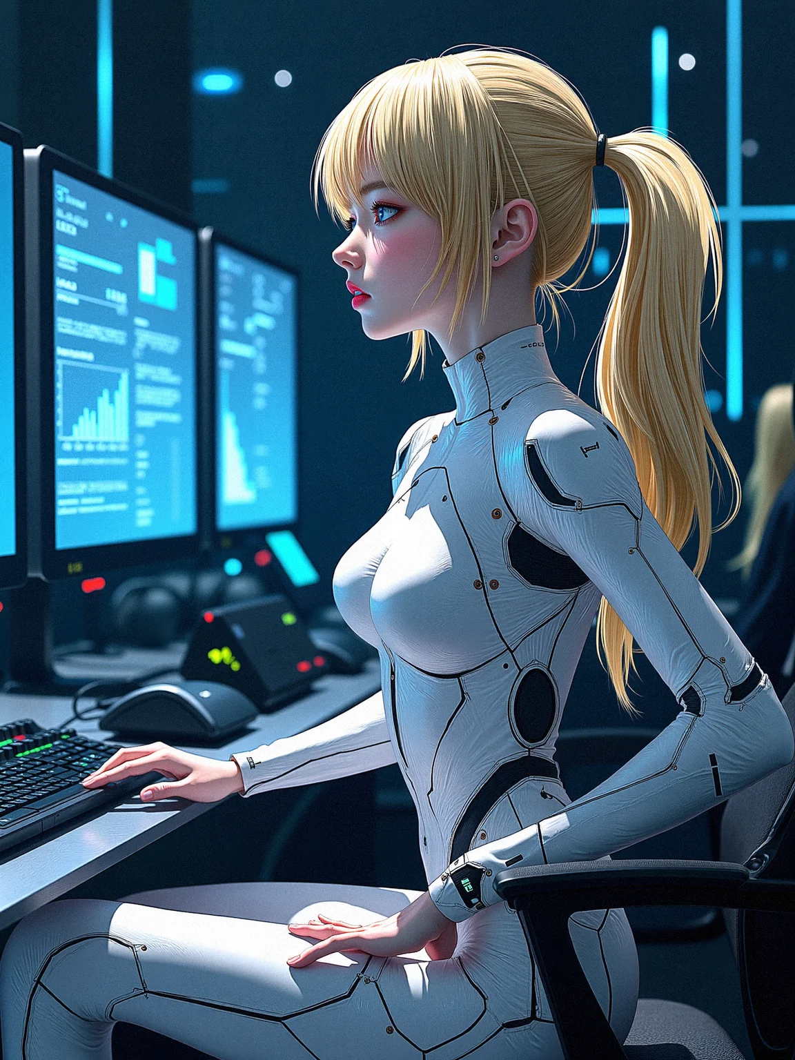 safe for work anime artwork and fantasy art of a female hacker in a cybernetic network hub, surrounded by advanced computer systems and holographic data streams. She is wearing a sleek, alloy plating cybernetic suit embedded with cybernetic enhancements, and her blonde hair is partially illuminated by the various screens and floating holograms. She is seated casually, her posture relaxed yet alert, with her fingers poised above a virtual keyboard projected in front of her. The environment should feel futuristic and dense with digital information, with glowing data cables and interfaces interweaving throughout the space. Highlight the contrast between her calm demeanor and the complexity of the cybernetic hub.
a subtle, integrated communication system in her head or neck, with tiny speakers and microphones for direct interaction.a form-fitting, adaptive fabric bodysuit that covers parts of her body, adjusting its texture and rigidity based on her needs.Introduce subtle, bioluminescent vein-like structures that run through her mechanical components, pulsing gently with a soft glow.Integrate glowing, circuitry-like patterns onto her metallic parts, that light up and pulse.
Sitting back with her arms folded across her chest, her head tilted slightly to one side, and a contemplative look on her face.