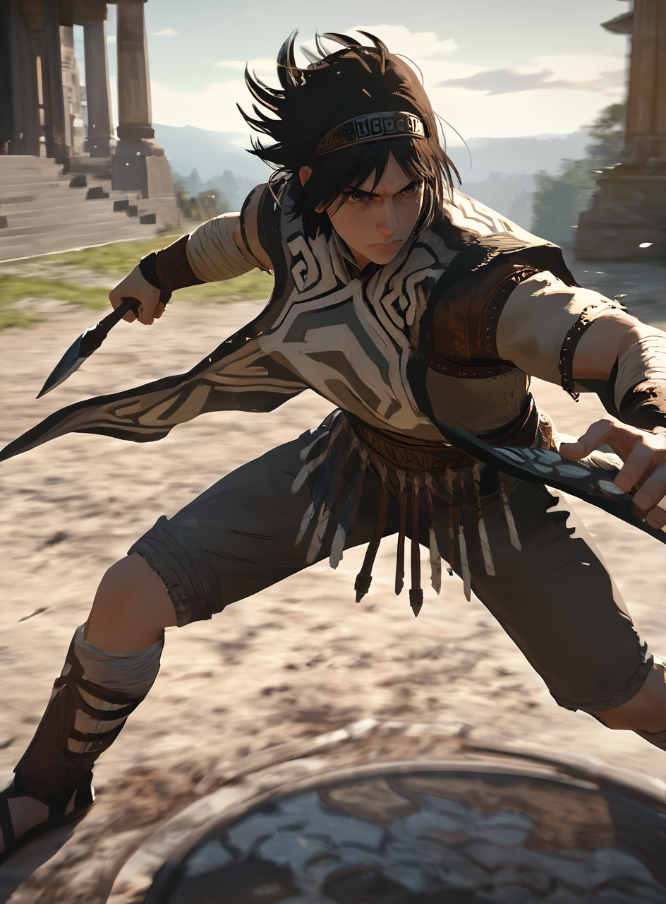 score_9, score_8_up, score_7_up, <lora:wanderpxl:0.7>, lora:wanderpxl, 1boy, best quality, masterpiece, stanwan, shortsword, headband, poncho, action pose,
