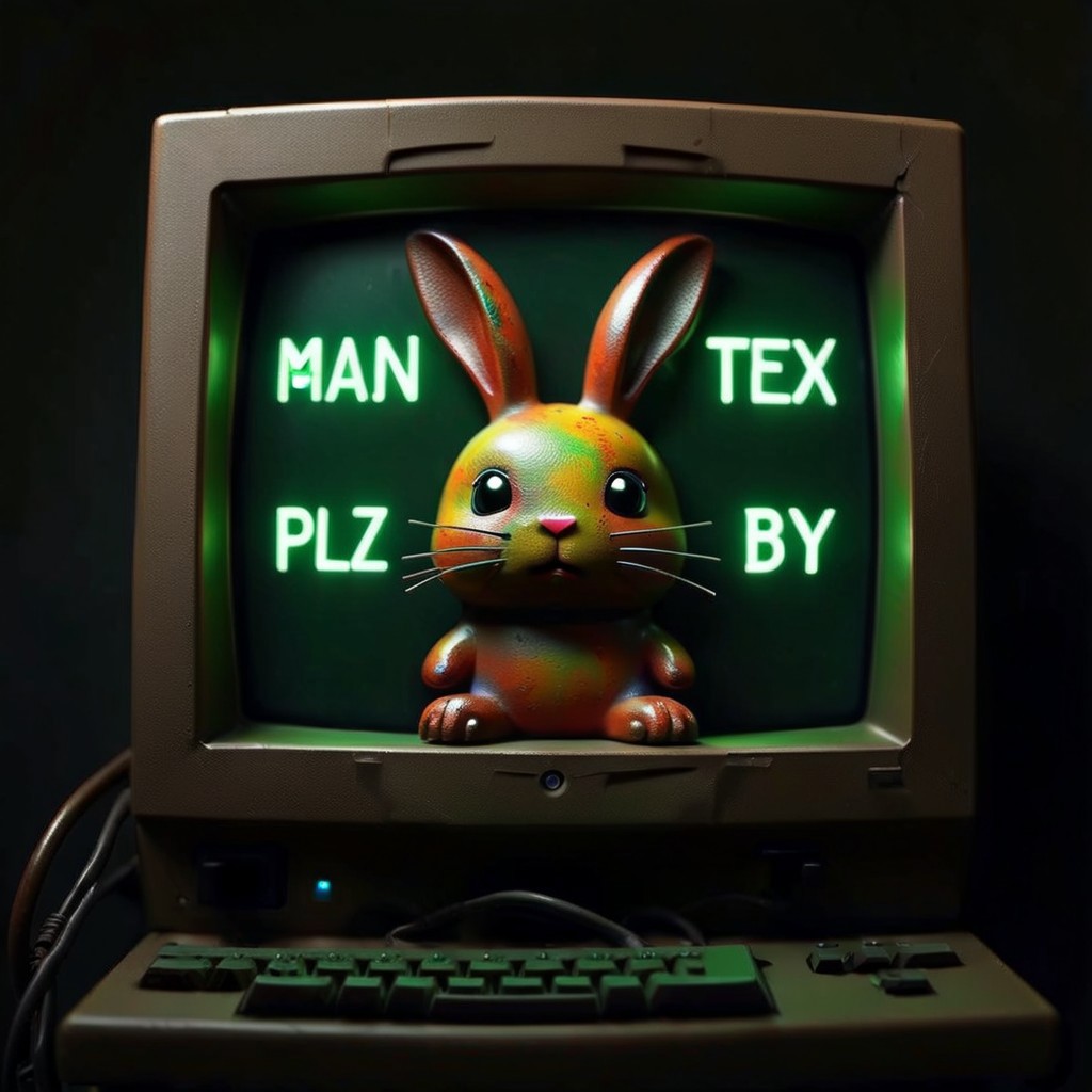 small cute rainbow colored bunny, on a monitor made out of Jed-Rst, Rusty, cable mess, mntnnc_md_plz_stand_by, text on monitor: "BUNPUTER",