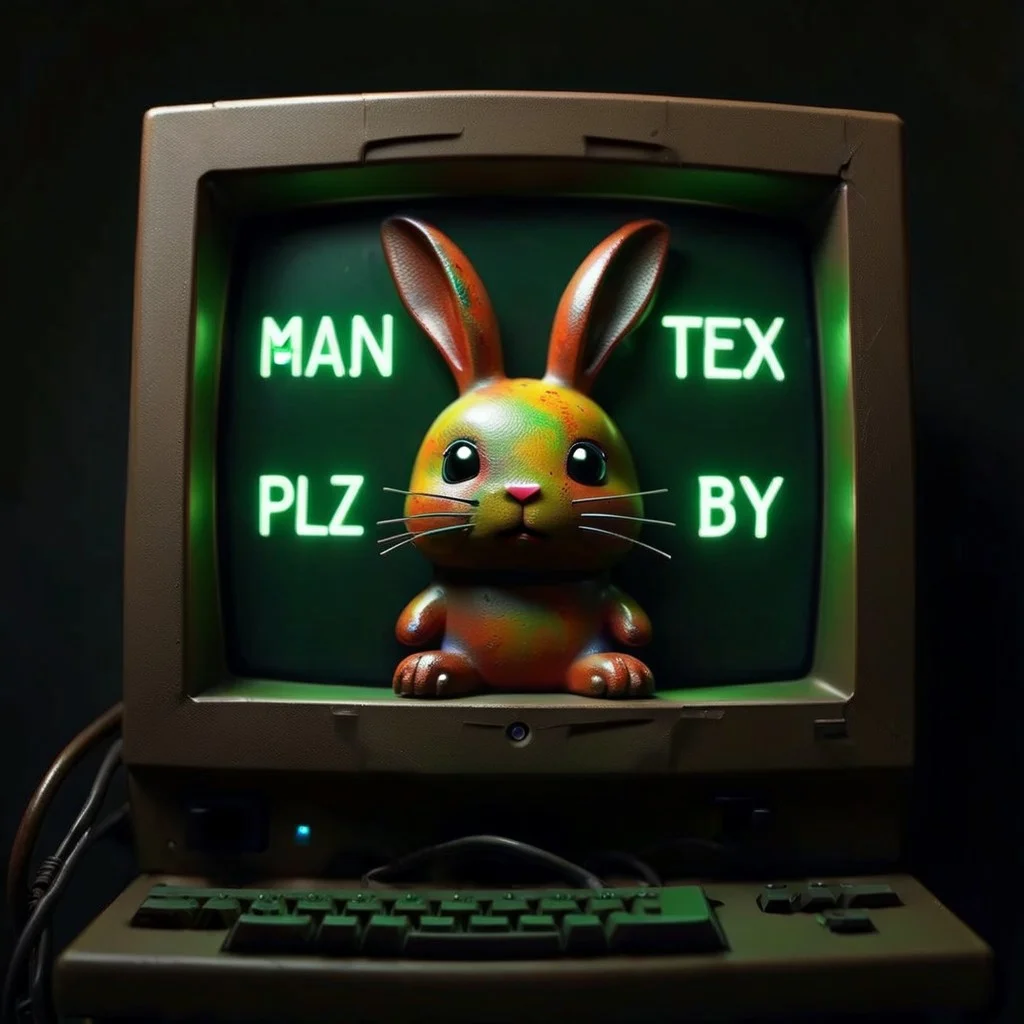 small cute rainbow colored bunny, on a monitor made out of Jed-Rst, Rusty, cable mess, mntnnc_md_plz_stand_by, text on monitor: "BUNPUTER",