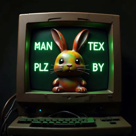 small cute rainbow colored bunny, on a monitor made out of Jed-Rst, Rusty, cable mess, mntnnc_md_plz_stand_by, text on monitor: "BUNPUTER",