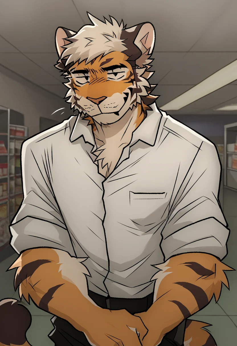 by maggotnizer, furry, solo, tiger, bara, shirt, rolled up sleeves, looking at viewer, seductive, smile, <lora:Maggotnizer_style:1>, <lora:add-detail-xl:2>