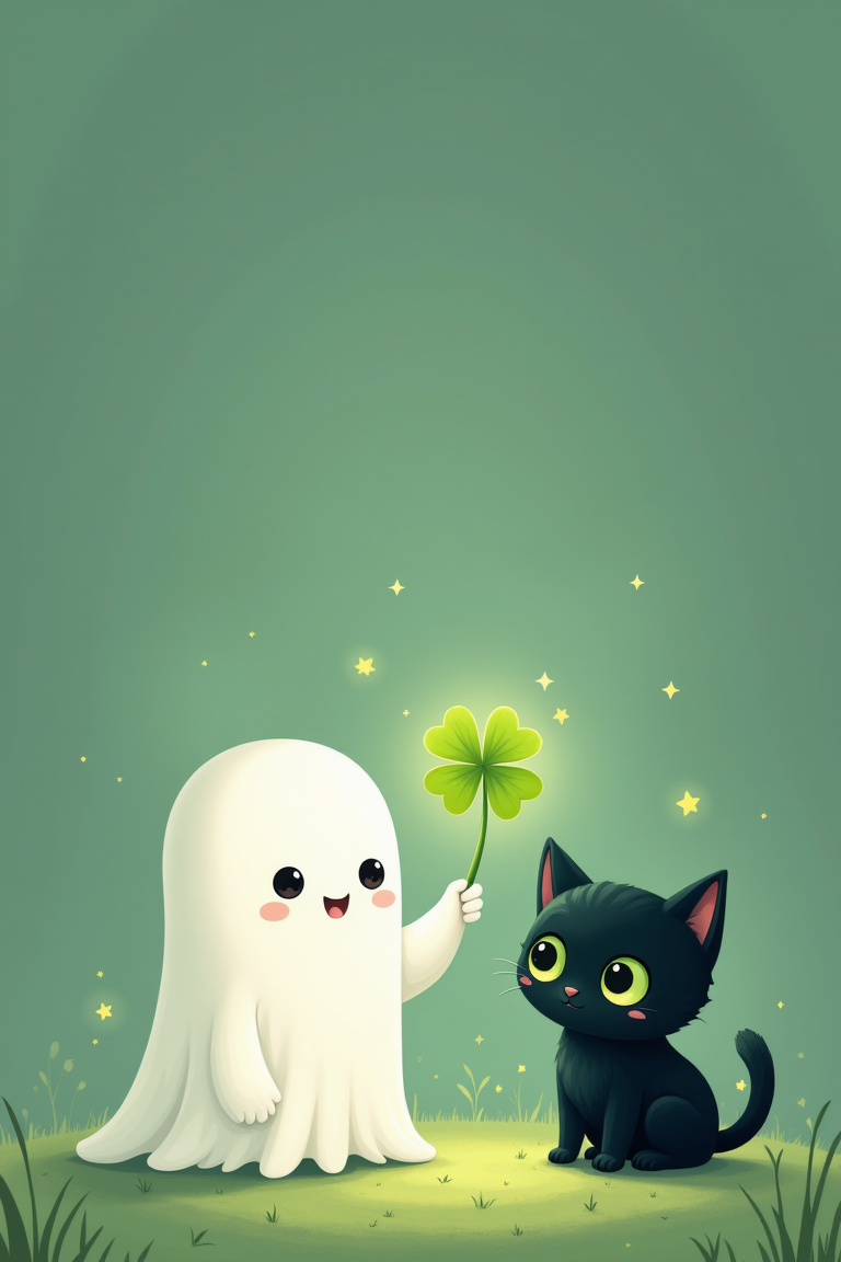 aidmafluxpro1.1
A cute ghost holding up a four-leaf clover, next to it is an adorable black cat with green eyes, in the style of Atey Ghailan and Jon Klassen, with pastel colors, soft light, a minimalistic style, and a magical feel.