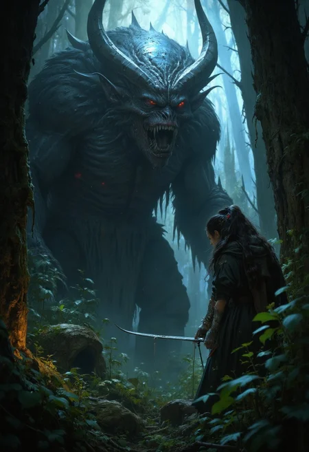 A dark fantasy scene of a closeup portrait of a beautiful female elf hunter stalking a scary horrifying monster in the woods.  The hunter is following a trail looking at plants.  The monsters glowing red eyes are visible in the gloom behind the hunter.
