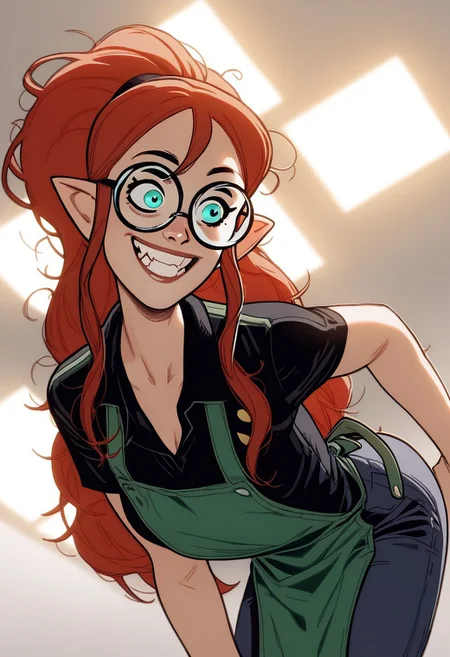 (AdamHughesstyle), score_9, score_8_up, score_7_up, pointy ears, aqua eyes, sidelocks, hair between eyes, messy hair, red hair, curly hair, very long hair, (perky), (smile:1.2), (attentive:1.2), round black glasses, glasses, leaning forward, StarbuckXL,, employee uniform, green apron, black shirt, collared shirt, short sleeves, pants, starbucks siren (symbol), dramatic lighting, ((detailed face)), Expressiveh, (grin), high detail, sidelighting, ((backlighting)), shiny skin, glistening skin, glossy skin, oiled skin, cowboy shot, masterpiece, best quality, very aesthetic, absurdres, <lora:Lilith_ClawthorneV1:1>,