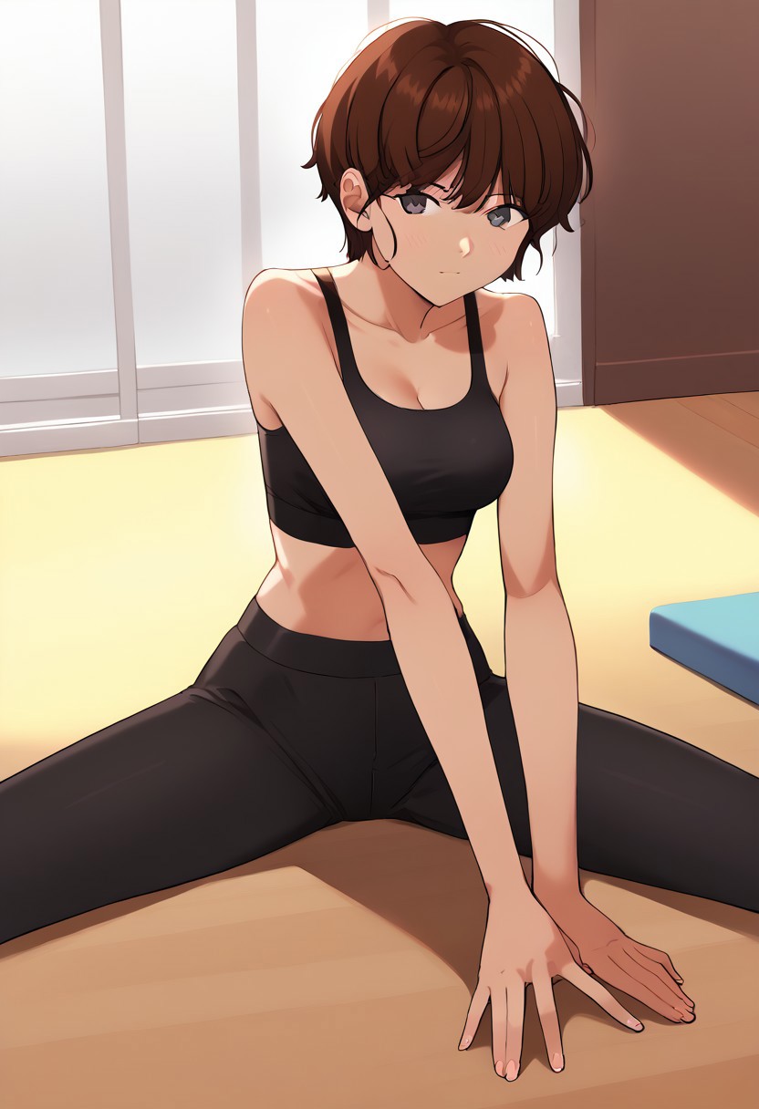 Masterpiece, Highest Quality, Score_9, Score_8_up, Score_7_up, source_anime. anime style. masterpiece, highres, absurdres. Best resolution.
solo. handfixer. living room
song jiwoo. 1girl. brown hair. short hair. gray eyes. tomboy.
yoga pants. black clothes. midriff. 
sports bra. bare feet.
view from above.
sitting posture. 
stretching leg