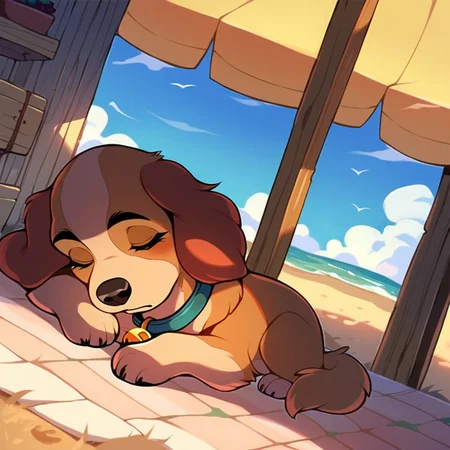 score_9,score_8_up,score_7_up,score_6_up,score_5_up, cocker spaniel, solo, closed eyes, brown hair,, standing, full body, outdoors, sky, collar, bell, animal, animal focus, animalization, domestic dog, lady \(ladyandthetramp\), dog ear, animal nose, dog, no humans, <lora:LadyPny:0.5>, (rating safe),(source cartoon), (sleeping:1.2), anime style