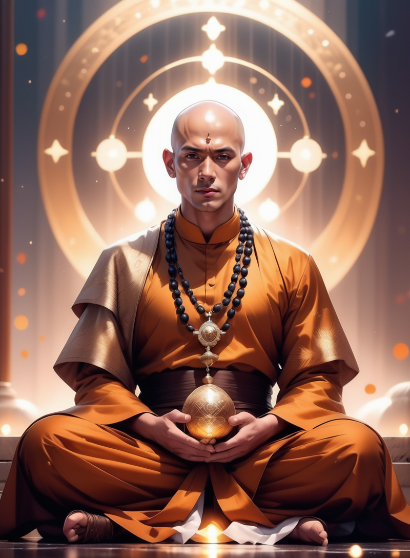(masterpiece, best quality:1.5)
mysterious, fantasy, 1 monk wearing a giant rosary on his chest, beautiful eyes, bald head, sitting in meditation,halo in the back, abstract background