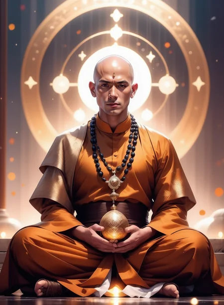 (masterpiece, best quality:1.5)
mysterious, fantasy, 1 monk wearing a giant rosary on his chest, beautiful eyes, bald head, sitting in meditation,halo in the back, abstract background