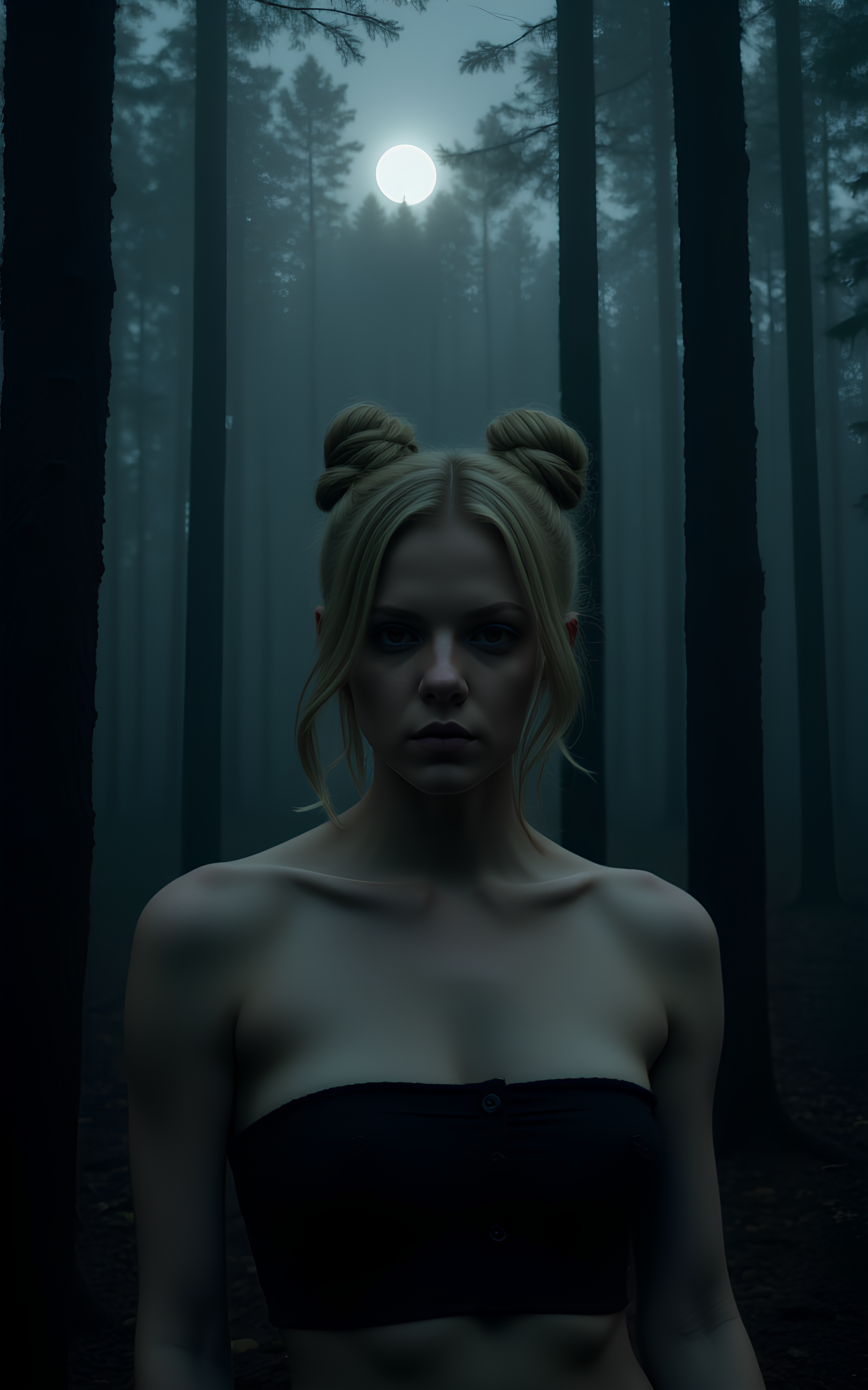 Blonde Hair, thin, athletic. (Darkness. Midnight. Strange unnatural light shines through the trees of a forest:1.1).  Moonlight. Fog. (Ghostly glowing alien in the shadows:1.2). 1girl, pale white skin. Black make-up. Wearing strapless button down tube top. Hair is styled in a messy double bun. Highly detailed beautiful expressive eyes. Scared. Photorealistic, Eerie atmospheric lighting, intricate details, 35mm photograph, film, professional, 4k visuals, highly detailed, elegant, studio quality.
