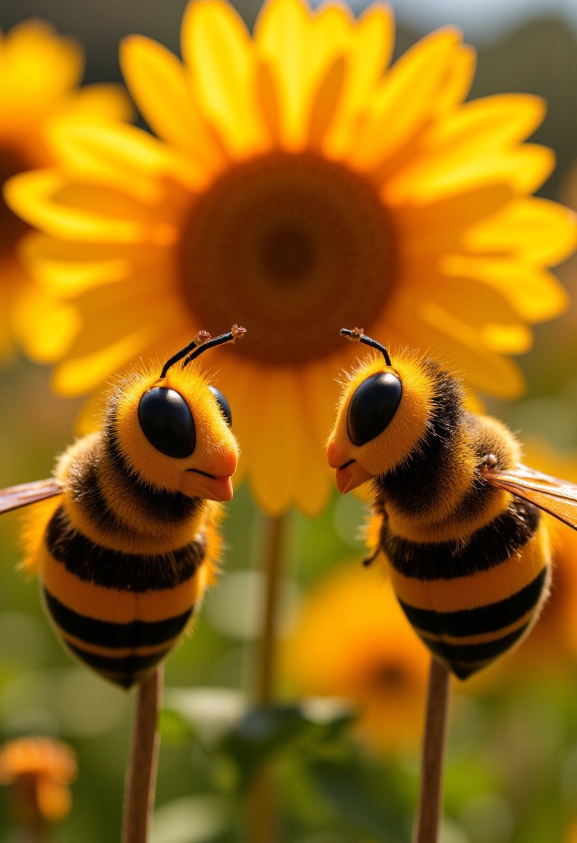 masterpiece, best quality, highly detailed, score_9, score_8_up, score_7_up, 
BREAK, 70mm lens, full-color photograph, shadows, cinematics lighting, volumetric lights, realistic lights, three quarter view, film grain, 
photograph of two cartoon bees, facing each other, one is looking confused. Caption at the bottom that says "what do you mean NO BUZZ?". Out of focus background of blurred gigantic flowers