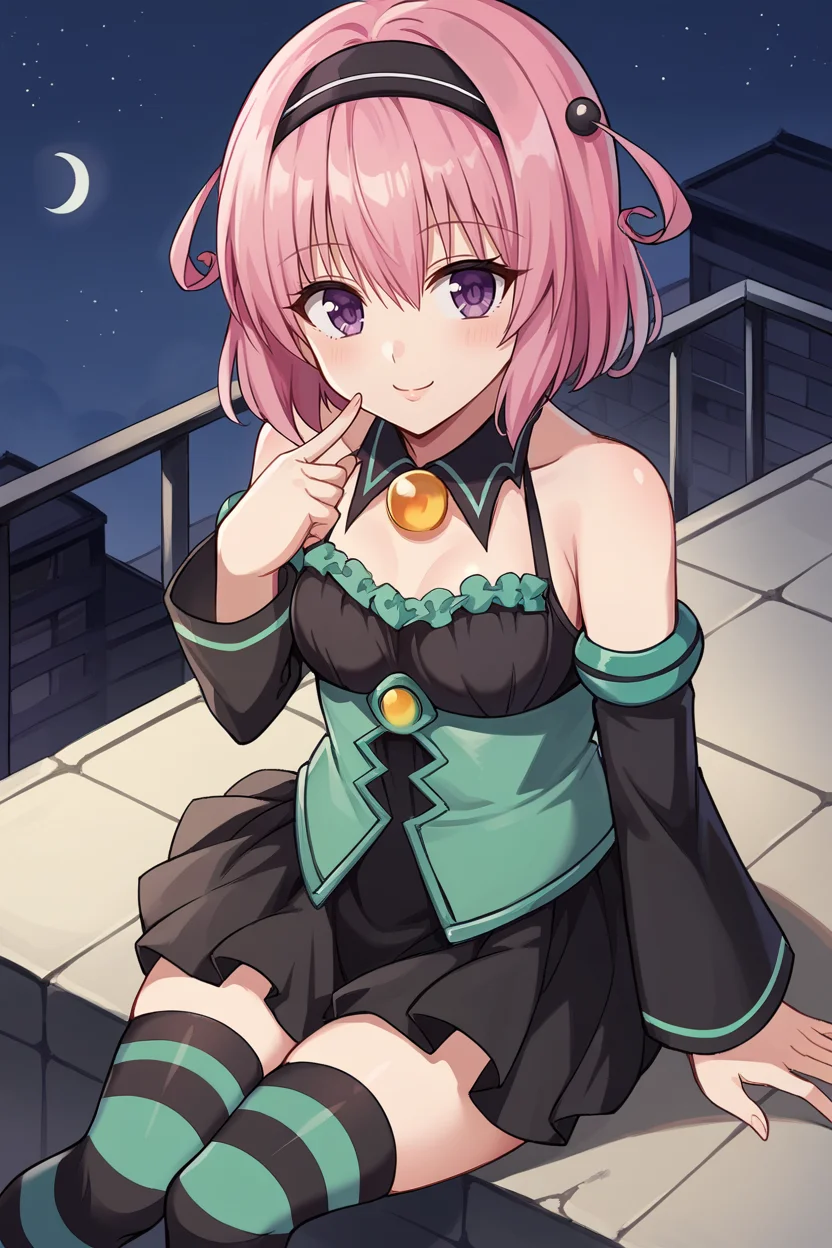 score_9, score_8_up, source_anime, BREAK 1girl <lora:tlrmomo-pdxl-nvwls-v1-000007:1> tlrmomo, pink hair, hair ornament, hairband, black and green dress, detached collar, detached sleeves, black skirt, striped thighhighs, sitting, night sky, rooftop, smile, looking at you