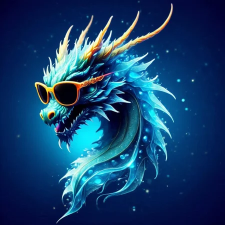 stylized dragon head with sunglasses, glowing, neon, logo for a game, water elemental swirling magic, light background, ElementsMix,(Water:0.7)