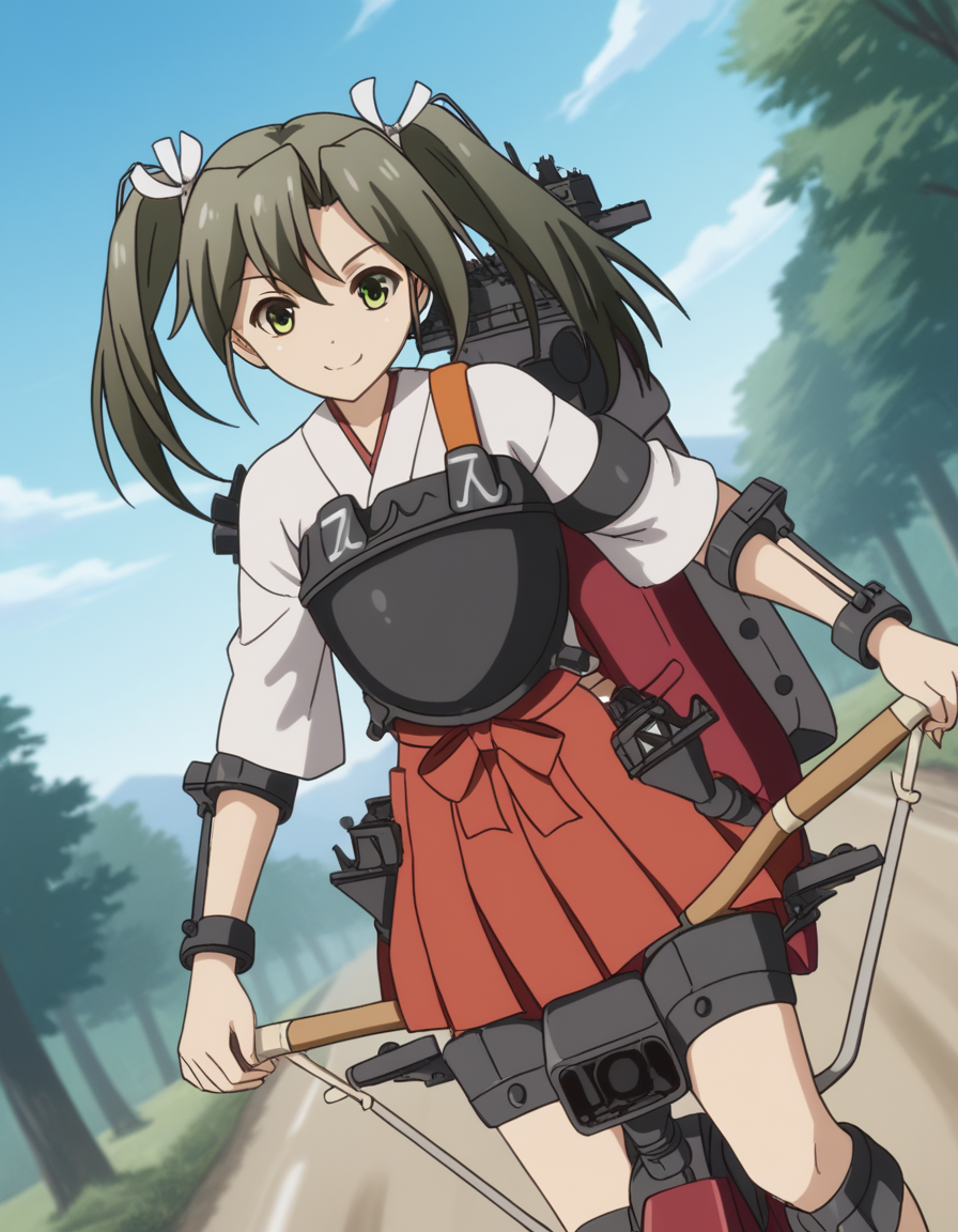 score_9, score_8_up, score_7_up, source_anime, <lora:kacolle-zuikaku-s1-ponyxl-lora-nochekaiser:1>, zuikaku, long hair, ribbon, twintails, green eyes, hair ribbon, zuikaku (kancolle), skirt, japanese clothes, muneate, red skirt, pleated skirt,, bike ride, countryside, dirt road, trees, afternoon sun, peaceful, alone, , , smile, solo,, cowboy shot, dutch angle