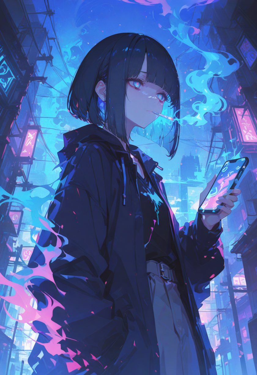 (1girl),(casual style, urban setting, modern aesthetic:1.3),(moody and atmospheric lighting:1.4),
(dark color palette, deep shadows, neon reflections),(black and cyan contrast:1.3),
(black and cyan hair, sleek bob cut, sharp bangs:1.5),(cold and tired expression:1.3),
(slight frown, disinterested, exhausted eyes:1.4),(looking at phone, mild frustration),
(rakus from below, upward perspective:1.5),(hand resting under chin, slightly lazy posture),
(dimly lit city background, faint neon lights, smartphone screen glow on face),
(holding smartphone with relaxed grip, checking messages, subtle reflection in phone screen),
(soft cyberpunk-inspired lighting, muted blue and gray tones),
(holding a lit cigarette, wisps of glowing blue smoke rising:1.5),(ethereal neon-blue smoke drifting upwards, pulsating glow),
(faint blue reflections on face from the smoke, subtle embers at cigarette tip),
(extraordinary lighting effects, cinematic composition, high-contrast atmosphere).,