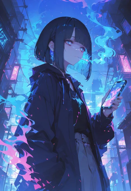 (1girl),(casual style, urban setting, modern aesthetic:1.3),(moody and atmospheric lighting:1.4),
(dark color palette, deep shadows, neon reflections),(black and cyan contrast:1.3),
(black and cyan hair, sleek bob cut, sharp bangs:1.5),(cold and tired expression:1.3),
(slight frown, disinterested, exhausted eyes:1.4),(looking at phone, mild frustration),
(rakus from below, upward perspective:1.5),(hand resting under chin, slightly lazy posture),
(dimly lit city background, faint neon lights, smartphone screen glow on face),
(holding smartphone with relaxed grip, checking messages, subtle reflection in phone screen),
(soft cyberpunk-inspired lighting, muted blue and gray tones),
(holding a lit cigarette, wisps of glowing blue smoke rising:1.5),(ethereal neon-blue smoke drifting upwards, pulsating glow),
(faint blue reflections on face from the smoke, subtle embers at cigarette tip),
(extraordinary lighting effects, cinematic composition, high-contrast atmosphere).,