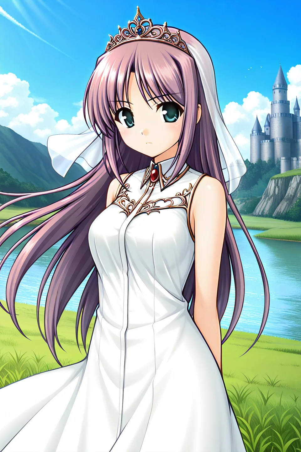masterpiece, best quality, absurdres, official art, official style, rating generael BREAK <lora:lavria_IL_v1-1:0.7>, lavria, 1girl, solo, aqua eyes, green eyes, purple hair, very long hair, parted bangs, hair intakes, sidelocks, straight hair, medium breasts, large breasts, tiara, veil, see-through, white dress, sleeveless dress, bare shoulders, bare arms, day, cloud, outdoors, castle, scenery, blue sky, grass, water, nature, cowboy shot,
blush, close-up, closed mouth, collared shirt, looking at viewer, portrait, serious, floating hair, wind lift, floating vail, from side