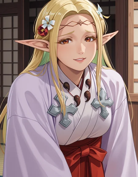 score_9, score_8_up, score_7_up,score_6_up  source_anime,  1girl,mature female, ,large breasts, looking at viewer, leaning forward, parted lips, smile
<lora:eldali_ilma_fanomenel-edomae_elf-koto-PonyXL :1> elda, long pointy ears, blonde hair, long hair, elf, circlet, hair flower, hair ornament, japanese clothes, miko, magatama necklace, white kimono, chihaya \(clothing\), jewelry, colored inner hair, emblem,  red eyes,red hakama skirt, wide sleeves,