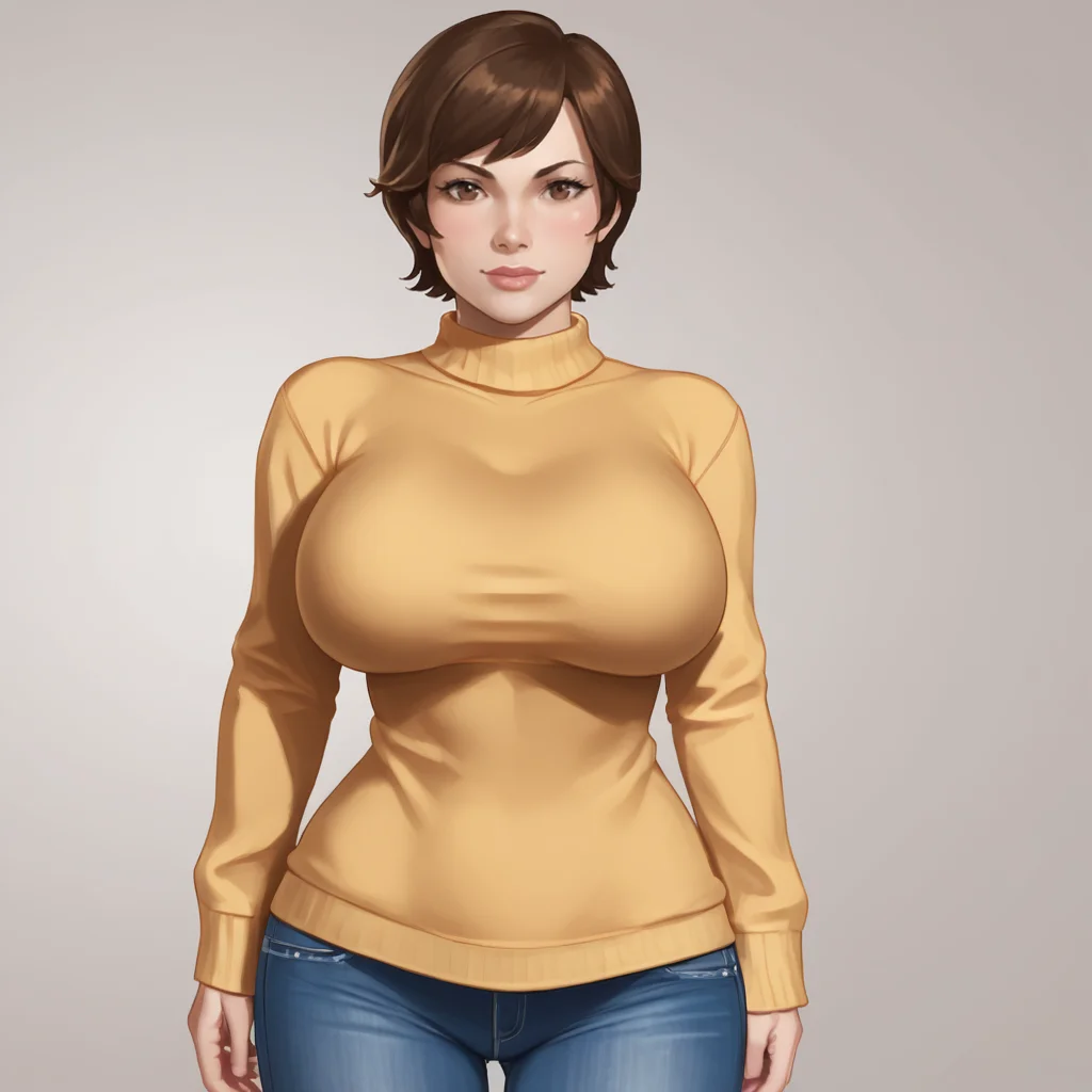 <lora:wasp_pony_v1:1> waspjanet, 1girl, short hair, brown hair, brown eyes, lips, cowboy shot, giant breasts, sweater, jeans